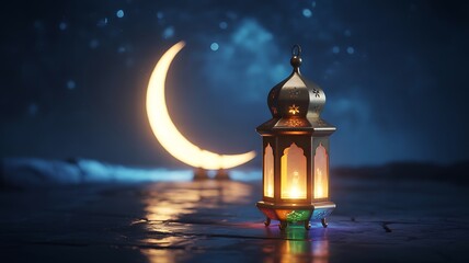 Glowing Ramadan lantern and crescent moon over a reflective surface at night Islamic
