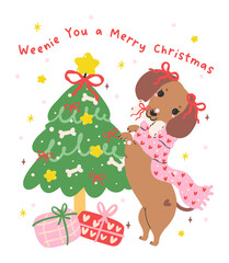 Christmas Dachshund Dog Decorating Christmas Tree Hand Drawn Festive Cartoon Illustration Greeting card printable