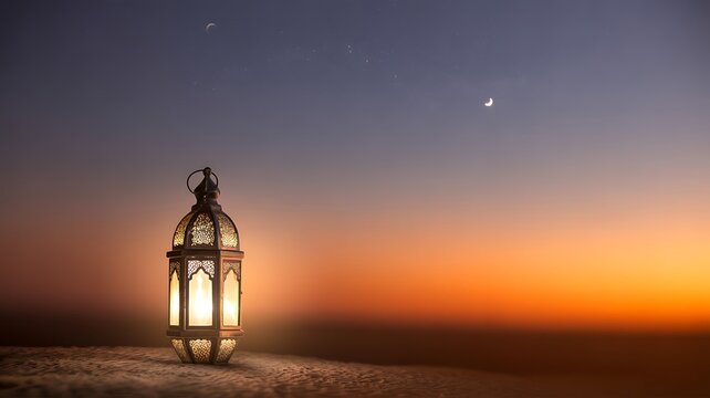 Glowing Ramadan lantern on textured ground against sunset sky Islamic - Powered by Adobe