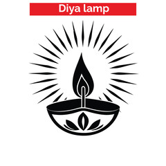 Black and white vector illustration of a traditional Diya oil lamp with decorative patterns, flame, and stars for Diwali celebrations.