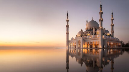 Fototapeta premium Grand mosque reflected in calm water at sunrise with warm sky and light Keywords: mosque, Islamic