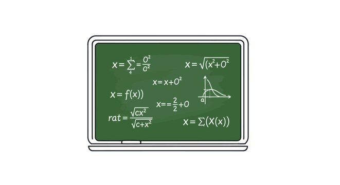 Green chalkboard with complex mathematical equations and geometric diagrams.