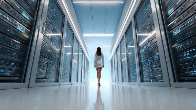 Tech Journey: A silhouette of a person walking through a modern server room, surrounded by rows of powerful servers, lights, and computing systems, this photo explores digital connectivity.
