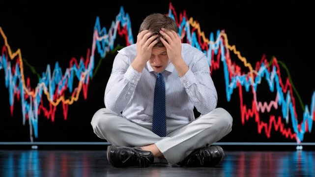 Financial Distress: A man, overwhelmed by financial stress, sits dejectedly with hands clasped to his head, the backdrop a chaotic display of fluctuating market data