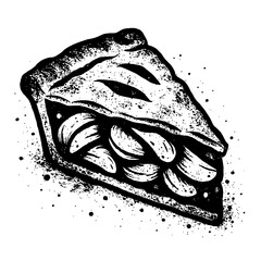 Black and white ink illustration of a rustic apple pie slice with grunge texture. Hand-drawn vintage dessert art for bakery logos, food menus, kitchen decor, and culinary branding. Perfect for conveyi