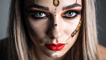 Woman with elaborate facial makeup and piercing gaze