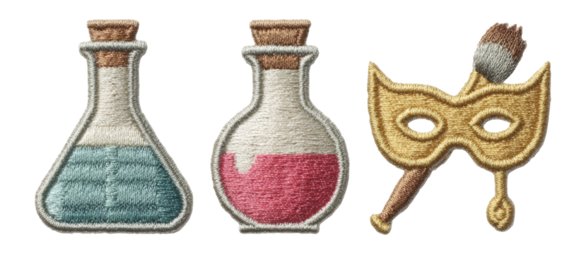 Colorful Embroidery of Laboratory Flasks and Artistic Mask Clipart