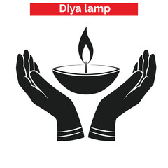 Black and white vector illustration of a traditional Diya oil lamp with decorative patterns, flame, and stars for Diwali celebrations.