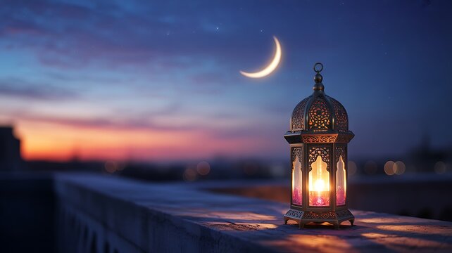 Ornate Ramadan lantern and crescent moon on a balcony at twilight dusk