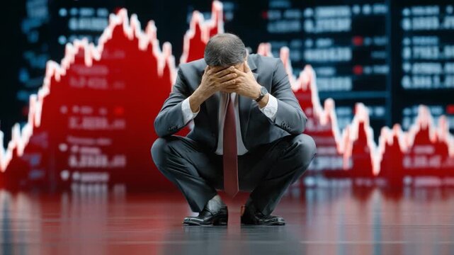 Market Meltdown: A dejected businessman, overcome by the financial crisis, buries his face in his hands as a red line chart dramatically plummets in the background, depicting market instability.