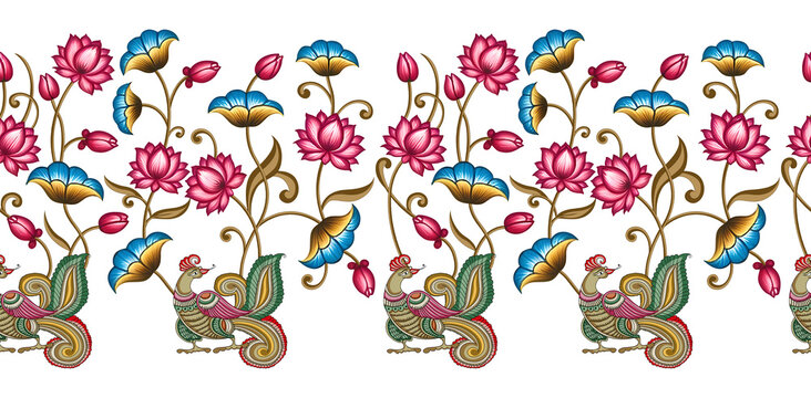 This beautiful artwork features a traditional Indian folk-style floral pattern with elegant peacocks and lotus flowers. The intricate detailing, bright colors, and ornamental vines create a rich decor