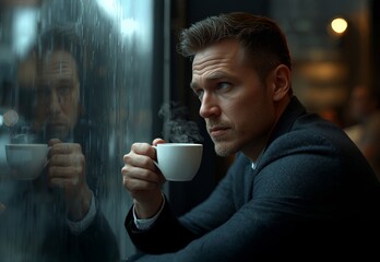 Realistic cinematic portrait of a man sitting by a café window on a rainy afternoon, holding a coffee cup with steam rising, soft reflections on glass, moody lighting, bokeh background