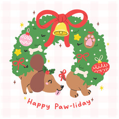 Festive Christmas Dachshund Dog in Wreath Shape with Red Bow and Jingle Bell Hand Drawn Cartoon Illustration