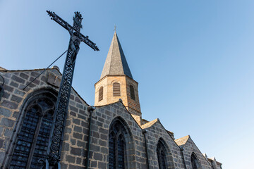 Low angle view of Saint-André Church in Besse-et-Saint-Anastaise, France