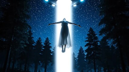 Woman Embraces Light Beam in Forest Under Starry Night - Powered by Adobe