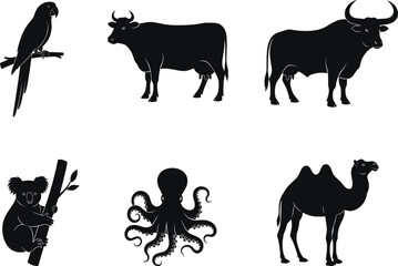 Animal silhouette set, bird, marine, and land mammal vector icons, parrot, cow, buffalo, koala, octopus, camel