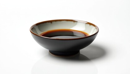 Dark ceramic dish holds dark liquid soy sauce. Minimalist design, isolated on clean white background. Perfect for Asian food blogs and restaurant menus.