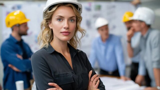 Confident Construction Professional: A resolute architect stands tall, emanating assurance amidst her focused team, symbolizing collaborative expertise and the realization of architectural dreams.