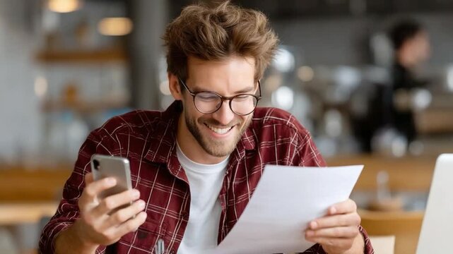 Excited man with paperwork: A contented individual beams with delight as he examines a document and smartphone, likely celebrating good news or achieving a significant personal milestone.