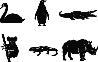 Animal silhouette set, bird, reptile, amphibian, and wild mammal vector icons, swan, penguin, crocodile, koala, salamander, rhinoceros