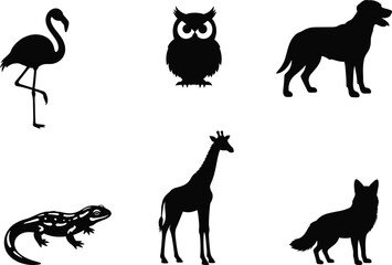Animal silhouette set, bird, reptile, and mammal vector icons, flamingo, owl, dog, lizard, giraffe, fox, black design