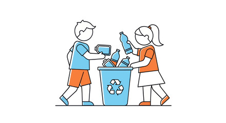 Young children recycling plastic bottles and carton into a blue bin.