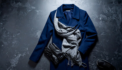 Navy Coat with Gray Scarf, Gloves, and Shoe for Editorial and Fashion Product Layouts  