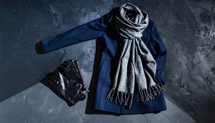 Navy Coat with Gray Scarf and Gloves for Editorial, Fashion Ads, and Winter Style Blogs  