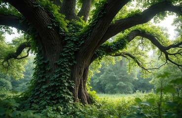 Massive ancient tree trunk covered in green ivy, leaves. Thick branches extend outwards in dense forest setting. Rich foliage surrounds old wood. Natural wilderness overgrown with vegetation.