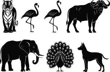 Animal silhouette set, bird, wild, and domestic vector icons, tiger, flamingo, buffalo, bison, elephant, peacock, dog, black design