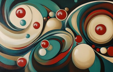 Abstract Art Composition of Spheres, Swirls, and Curves in Teal, Red, and Cream: Modern Fluid Painting with Glossy Textures and Dynamic Movement