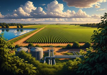 Expansive green agricultural field with neat rows of crops, bordered by a tranquil pond and industrial storage tanks under a dramatic cloudy sky