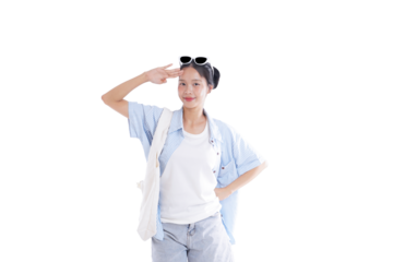 A Confident Gaze: A young woman dressed in casual attire salutes with a gesture of confidence, sunglasses perched atop her head.
