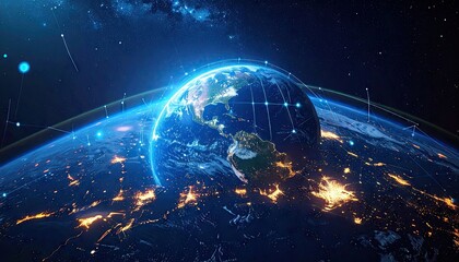Earth Globe Network Connection with City Lights and Stars in Dark Space Blue Planet with Satellite Communication Technology