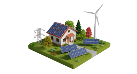 Miniature house, with solar panels and wind turbine on grassy island, isolated on white or transparent background, AI