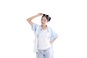 Summer Daydreamer: A stylish woman in casual attire, adjusting her sunglasses, embodies the essence of summer with a hopeful gaze and easygoing attitude.