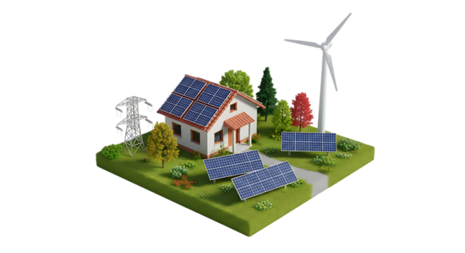 Miniature house, with solar panels and wind turbine on grassy island, isolated on white or transparent background, AI - Powered by Adobe