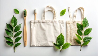 Eco Friendly Beige Cotton Tote Bags and Wooden Bamboo Toothbrushes Surrounded by Green Leaves on White Background Flat Lay