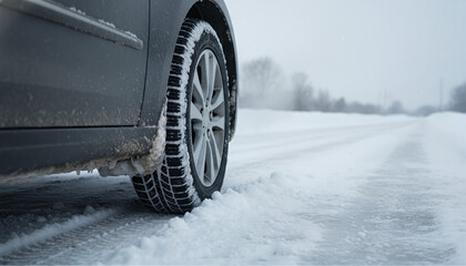 Car tire on snowy road in winter weather conditions  