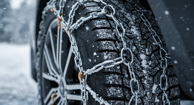 Car tire with snow chains in winter weather and snowy background  