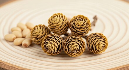 Fototapeta premium Close up of pine nuts and small pine cones on a wooden surface