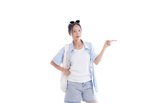 Young Woman Directing Your Gaze: A confident young woman, adorned with sunglasses, gestures with her hand, inviting viewers to explore the scene. Capturing the essence of direction and invitation