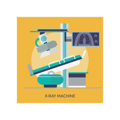 X Ray Machine With Screen Displaying Lungs In Yellow Orange Background With Graphic Elements And Text X Ray Machine