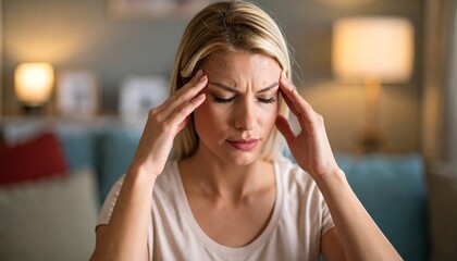 Woman with Headache Holding Temples, Expressing Discomfort