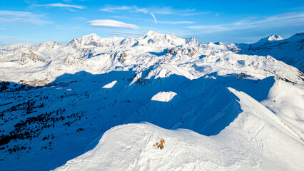 Aerial view of Skiing area of Paradiski, La Plagne, France Alpes