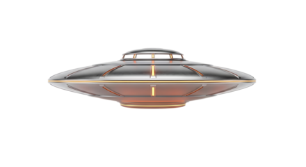 Sleek silver flying saucer, with orange glowing lights and metallic accents, isolated on white or transparent background, AI