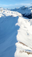 Aerial view of Skiing area of Paradiski, La Plagne, France Alpes