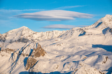 Aerial view of Skiing area of Paradiski, La Plagne, France Alpes