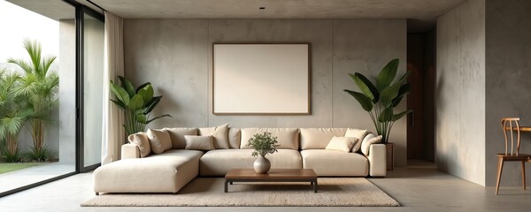 Modern living room with beige sectional sofa, concrete wall, and large plants. Coffee table sits on rug in front of couch. Empty picture frame hangs on wall. Sliding glass door leads to outdoor patio.