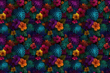 seamless pattern .  A vibrant and colorful seamless pattern of lush tropical leaves and exotic blossoms, creating a sense of enchantment and serenity.